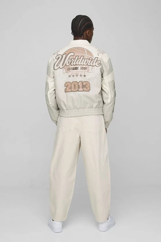 Boxy Worldwide Tonal PU Badge Varsity Jacket