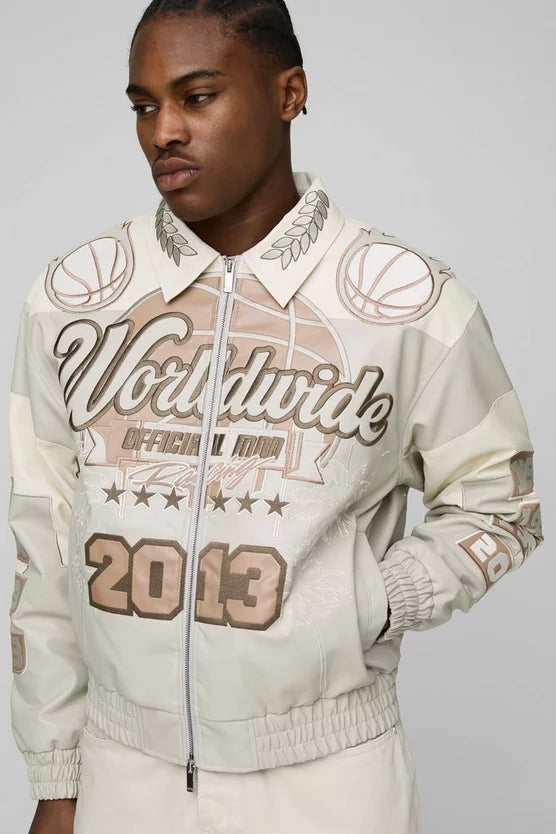 Boxy Worldwide Tonal PU Badge Varsity Jacket