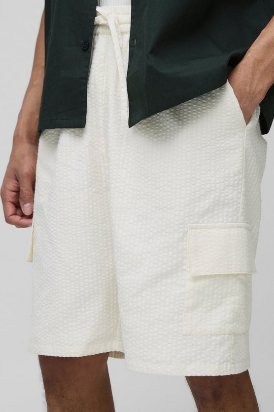 Relaxed Elasticated Waist Seersucker Cargo Short