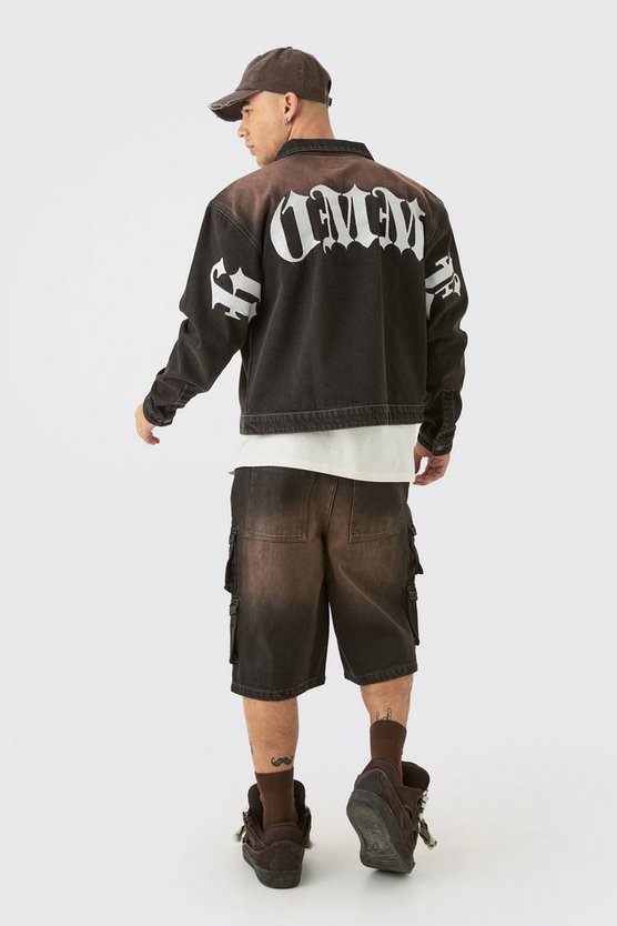 Embroidered Denim Cargo Jorts In Brown