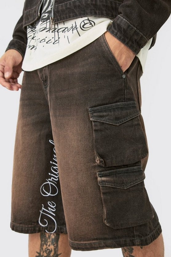 Embroidered Denim Cargo Jorts In Brown