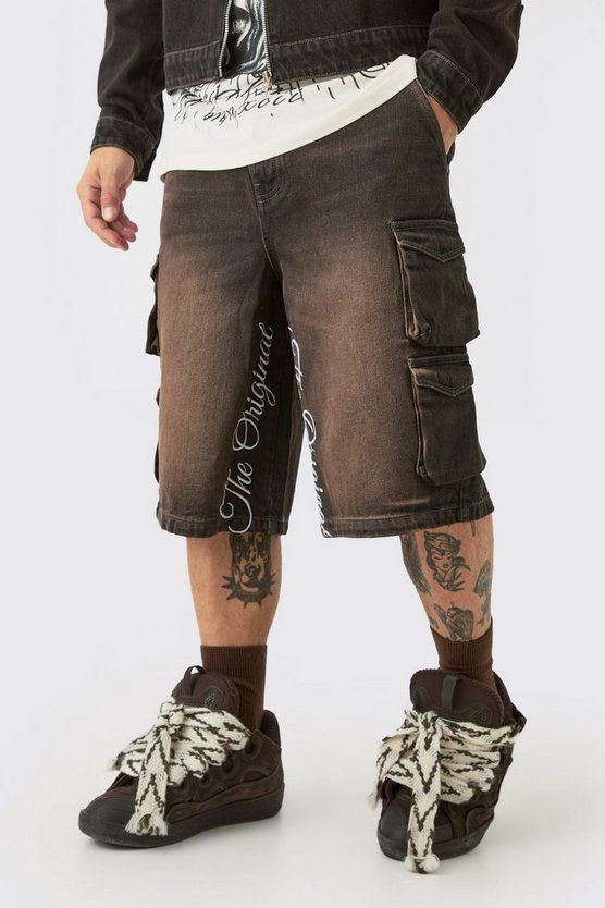 Embroidered Denim Cargo Jorts In Brown