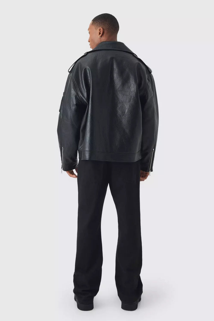 Extreme Oversized Textured PU Biker Jacket In Black