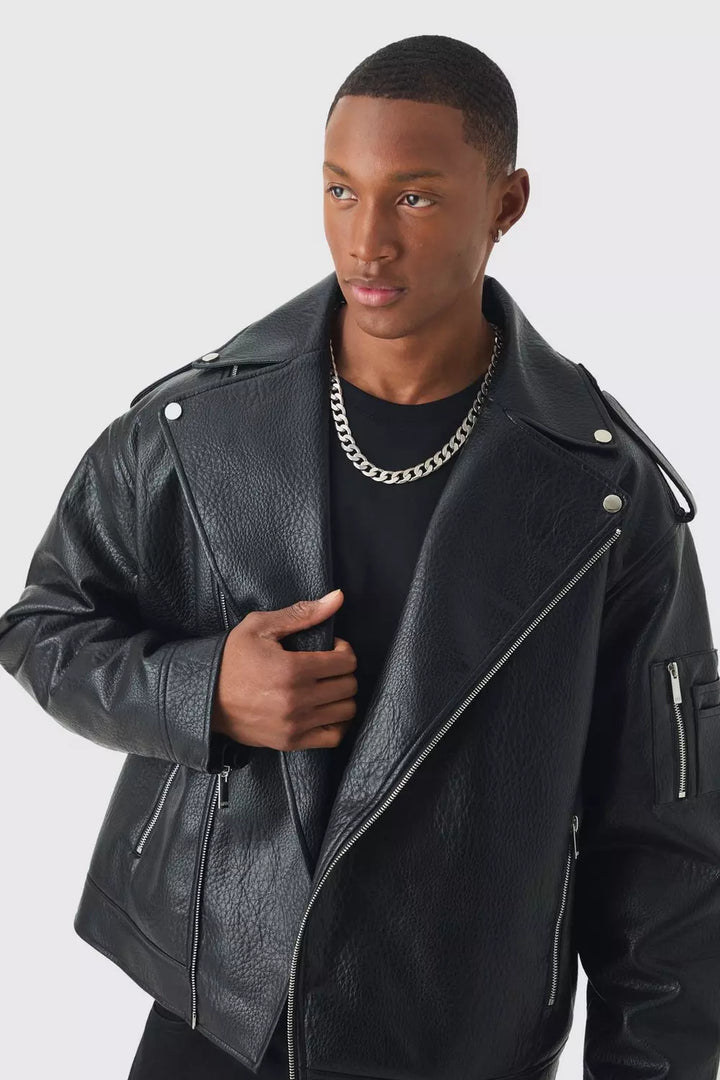 Extreme Oversized Textured PU Biker Jacket In Black
