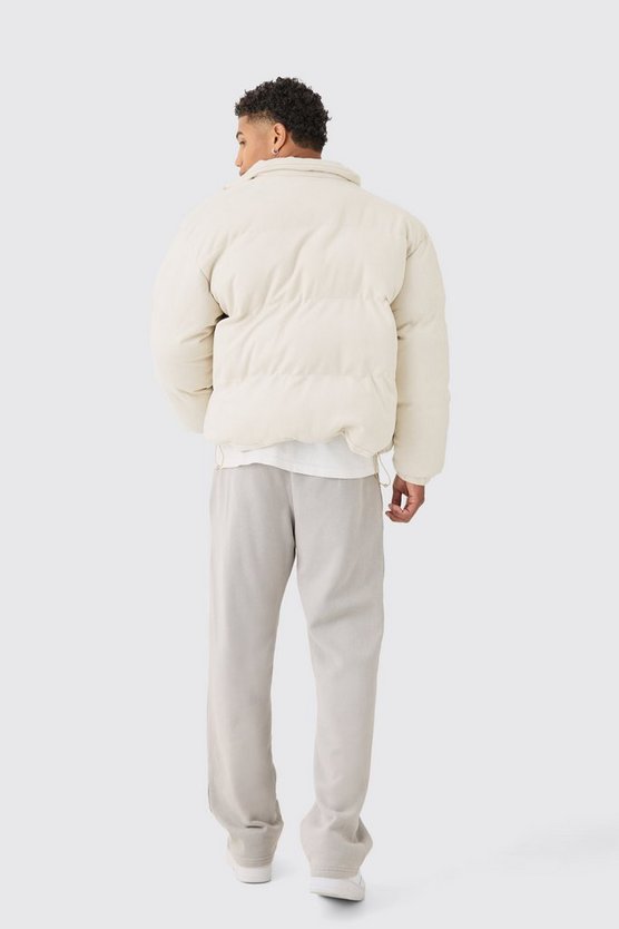 Faux Suede Funnel Neck Puffer Coat In Stone
