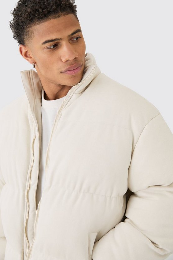 Faux Suede Funnel Neck Puffer Coat In Stone