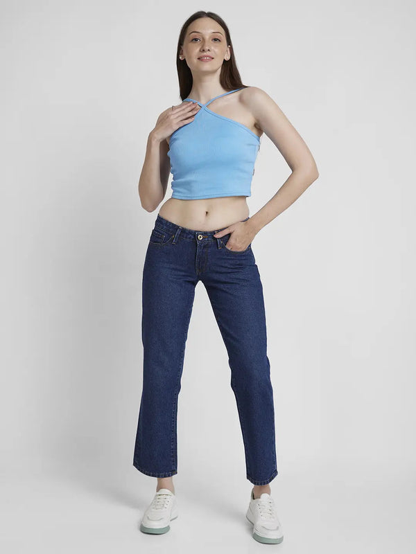 Spykar Women Dark Blue Cotton Straight Fit Regular Length Clean Look Jeans -(Bella-Low)
