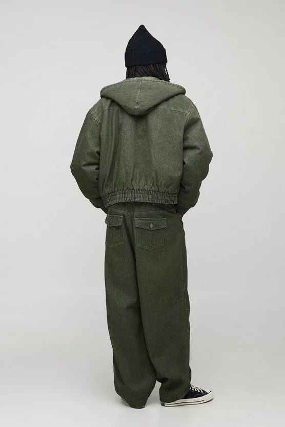 Boxy Fit Denim Quilted Zip Through Hoodie