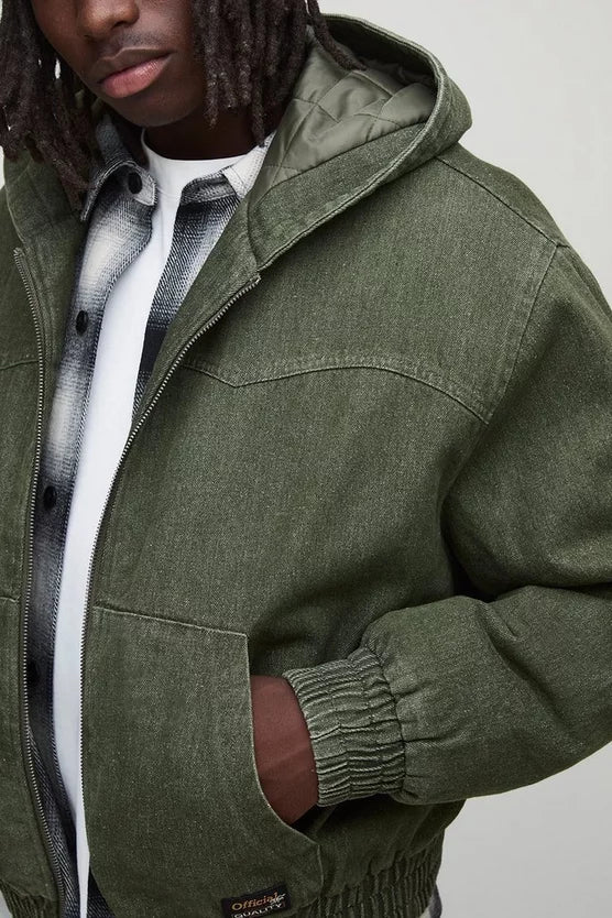 Boxy Fit Denim Quilted Zip Through Hoodie