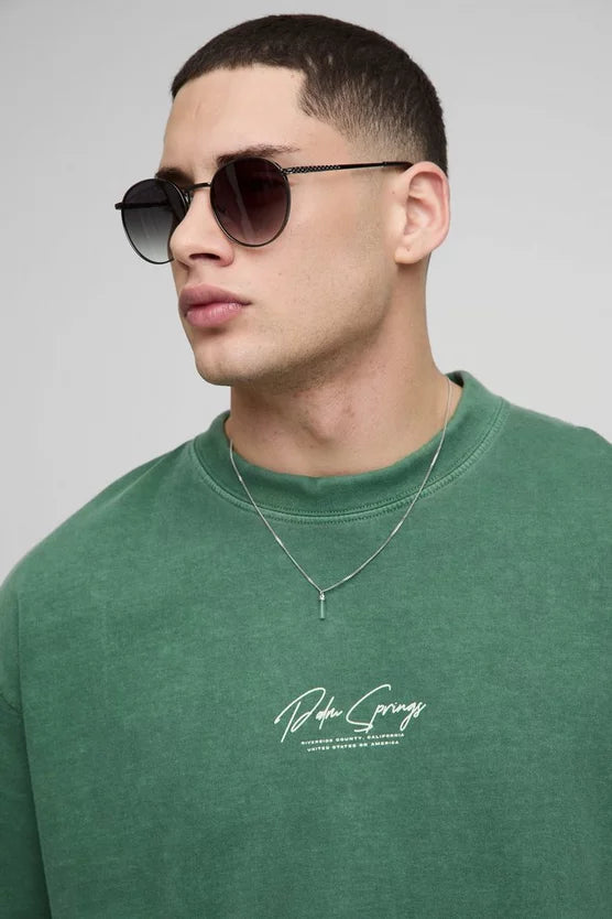 Oversized Extended Neck Palm Springs Graphic Washed T-Shirt
