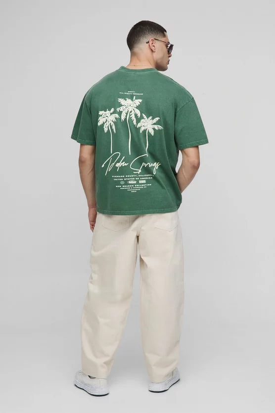 Oversized Extended Neck Palm Springs Graphic Washed T-Shirt