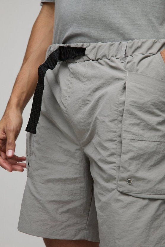 Elasticated Waist Relaxed Crinkle Nylon Cargo Shorts