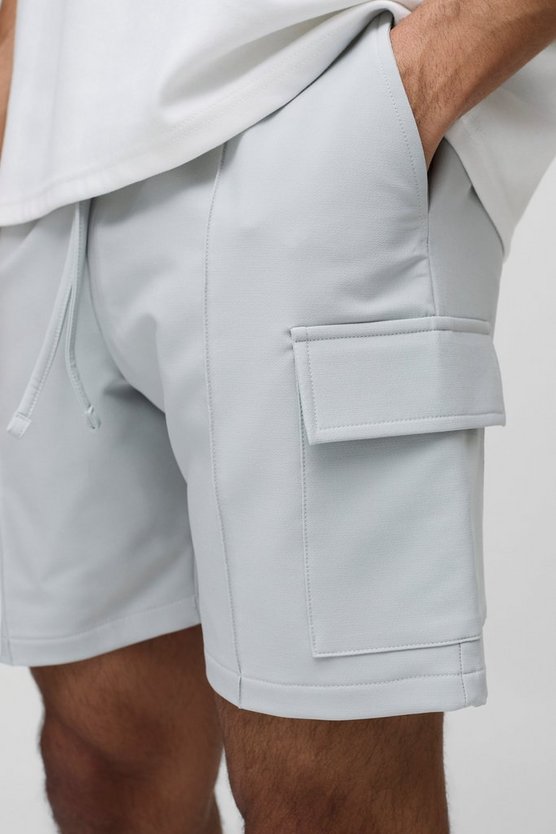 Elasticated Waist Slim Technical Stretch Pintuck Cargo Shorts