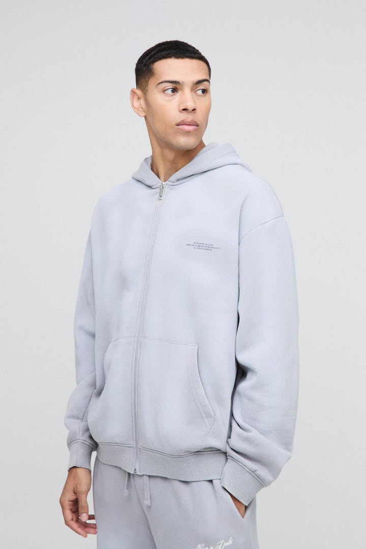 Oversized Graphic Washed Zip Through Hoodie
