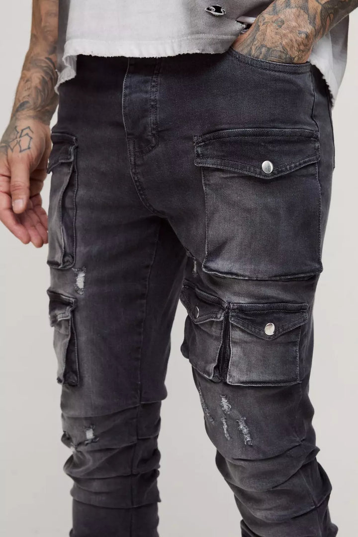 Tall Stacked Multi Cargo Pocket Flared Jeans