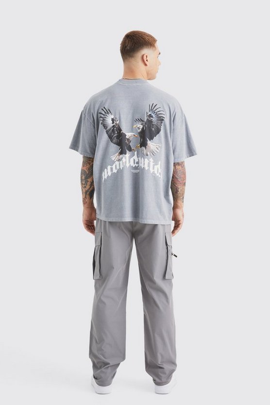 Washed Oversized Extended Neck Eagle Graphic T-shirt