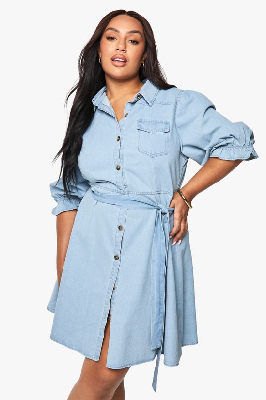Plus Denim Pocket Tie Belt Skater Dress