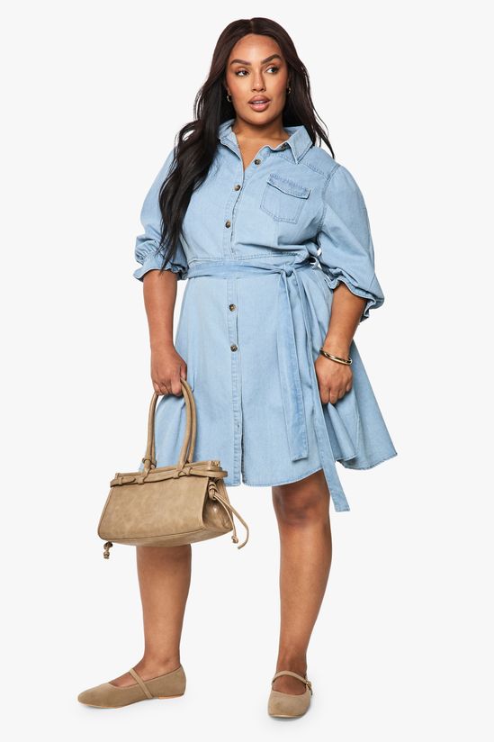 Plus Denim Pocket Tie Belt Skater Dress