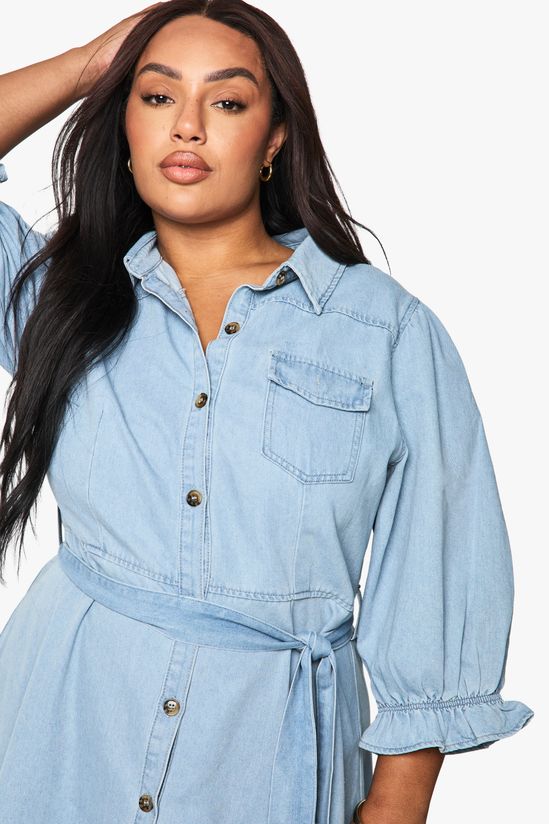 Plus Denim Pocket Tie Belt Skater Dress