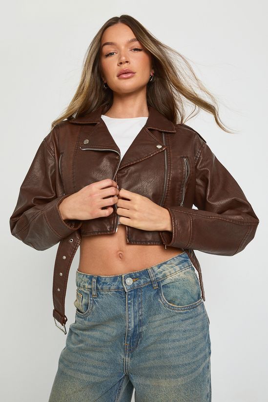 Vintage Look Faux Leather Crop Biker Jacket