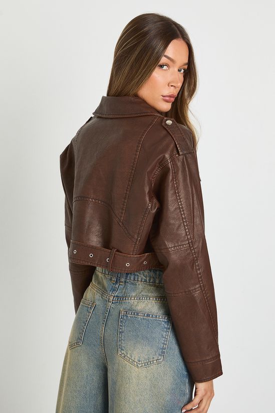 Vintage Look Faux Leather Crop Biker Jacket