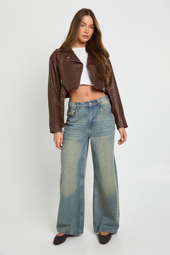 Vintage Look Faux Leather Crop Biker Jacket