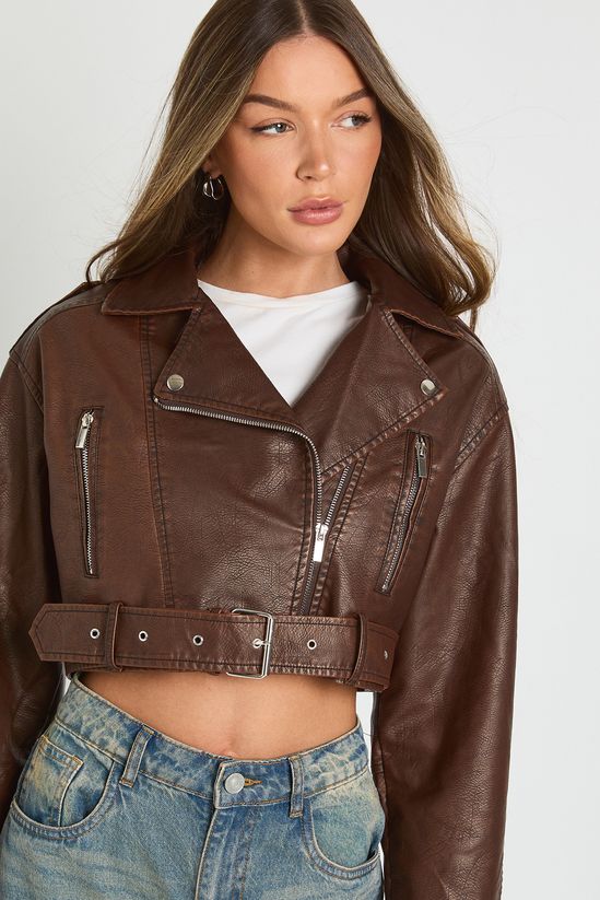 Vintage Look Faux Leather Crop Biker Jacket