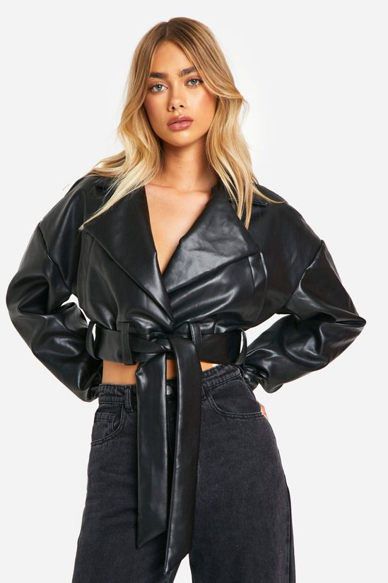 boohoo Faux Leather Belted Crop Jacket
