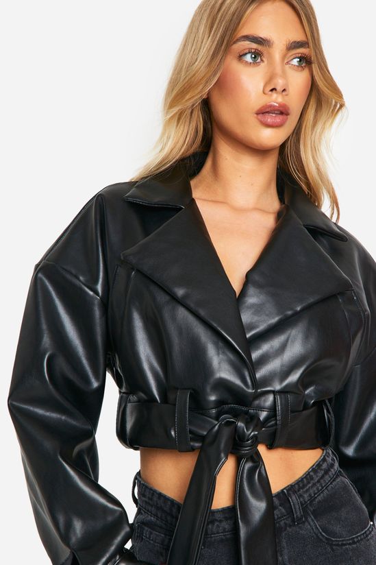 boohoo Faux Leather Belted Crop Jacket