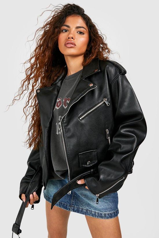 Petite Faux Leather Oversized Biker Jacket
