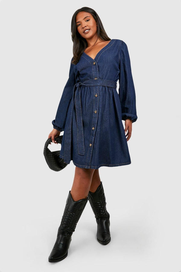 boohoo Plus Denim Belted Skater Dress