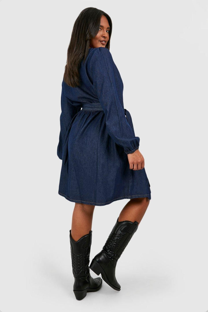 boohoo Plus Denim Belted Skater Dress
