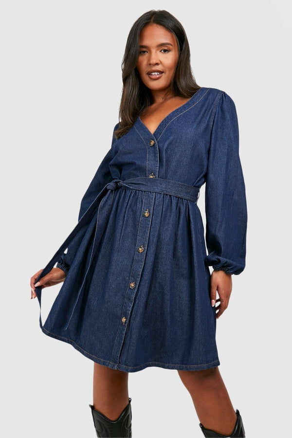 boohoo Plus Denim Belted Skater Dress