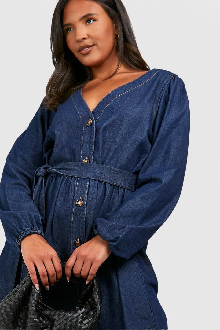 boohoo Plus Denim Belted Skater Dress