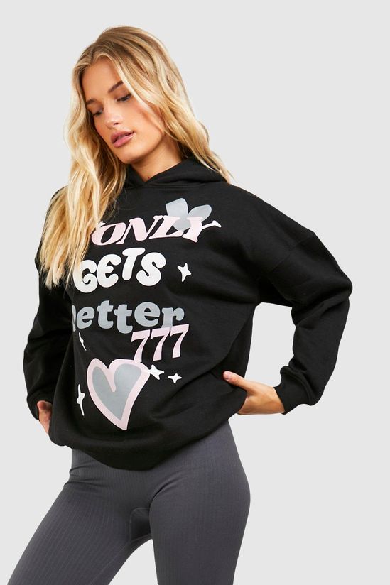 Puff Print Slogan Oversized Hoodie