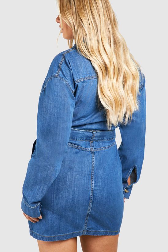 Plus Denim Pocket Tie Belt Dress