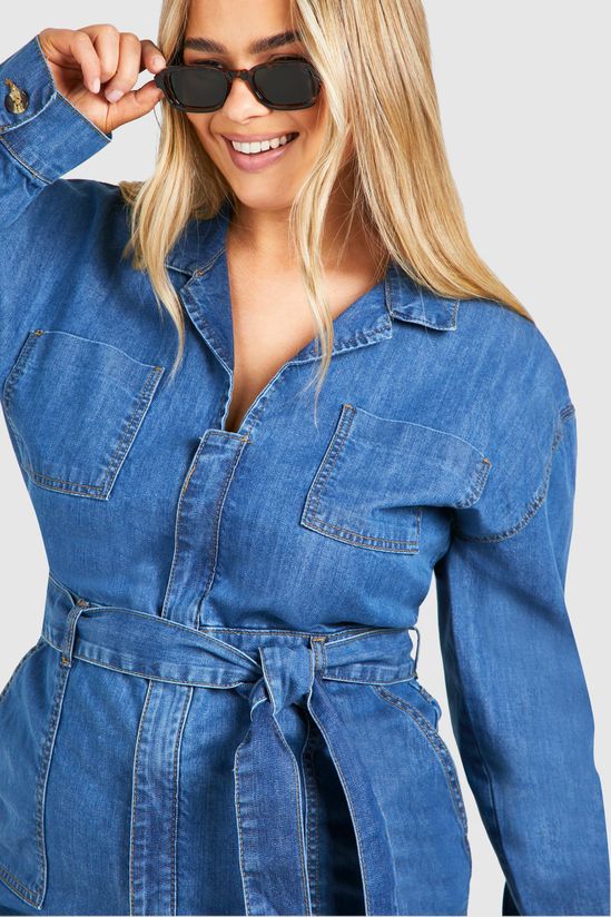 Plus Denim Pocket Tie Belt Dress
