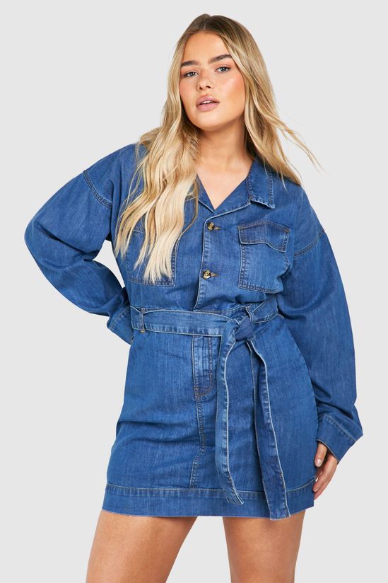 boohoo Plus Long Sleeve Tie Belt Denim Dress