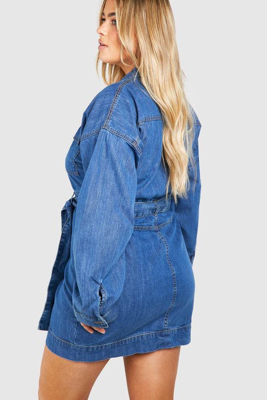 boohoo Plus Long Sleeve Tie Belt Denim Dress