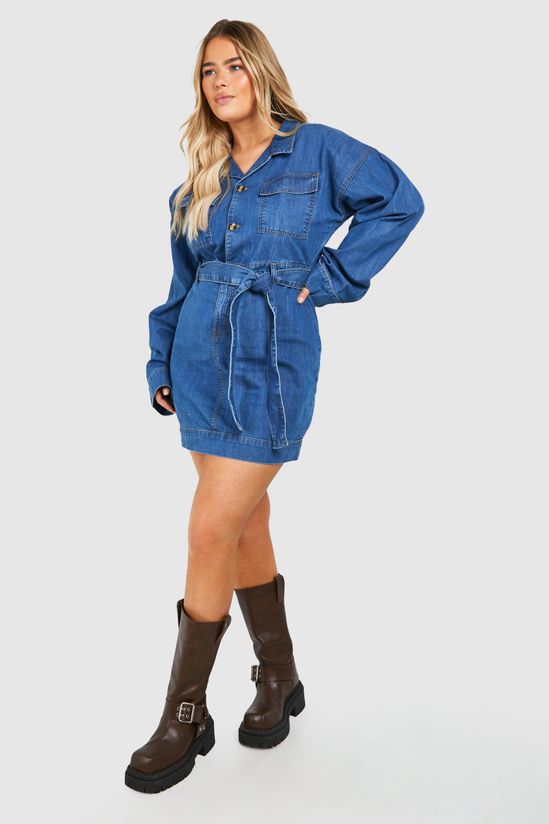 boohoo Plus Long Sleeve Tie Belt Denim Dress