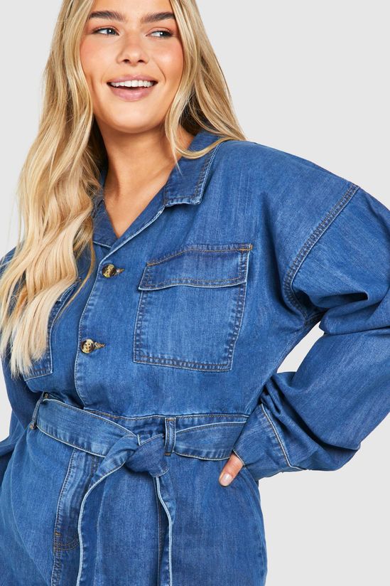boohoo Plus Long Sleeve Tie Belt Denim Dress