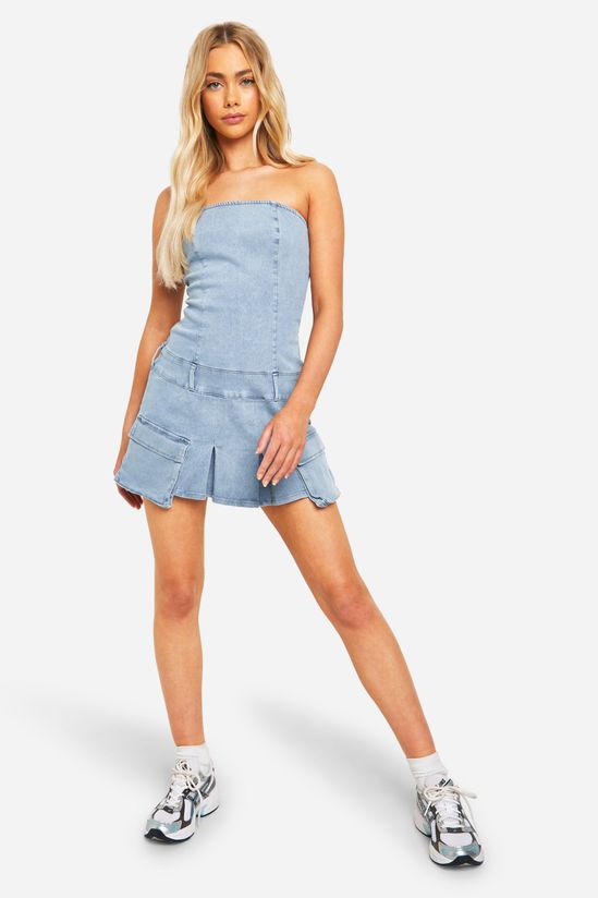 Pocket And Belt Detail Bandeau Denim Mini Dress