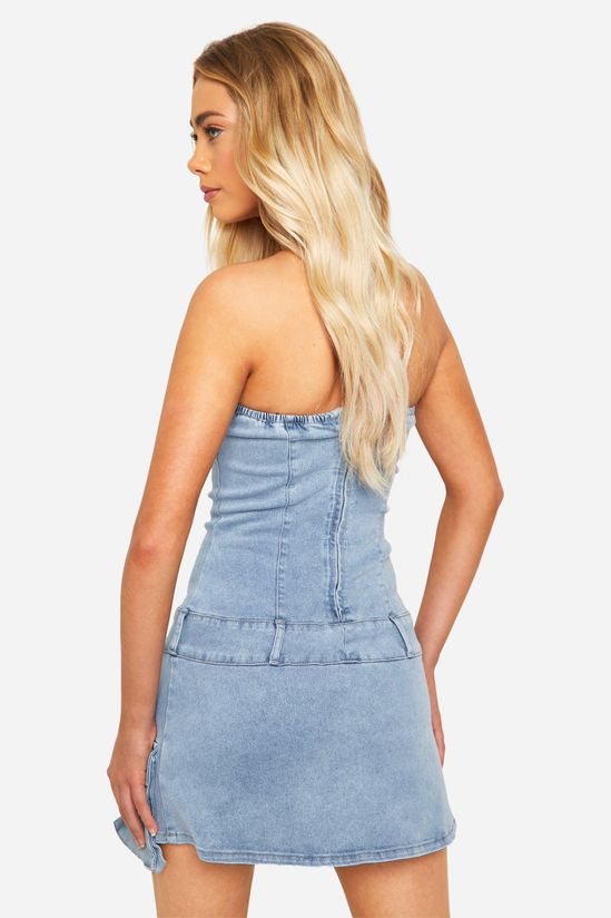 Pocket And Belt Detail Bandeau Denim Mini Dress