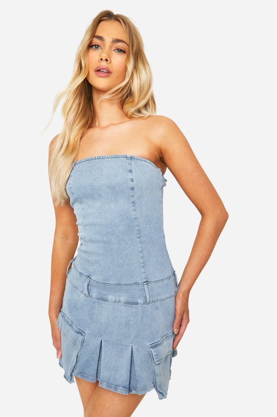 Pocket And Belt Detail Bandeau Denim Mini Dress