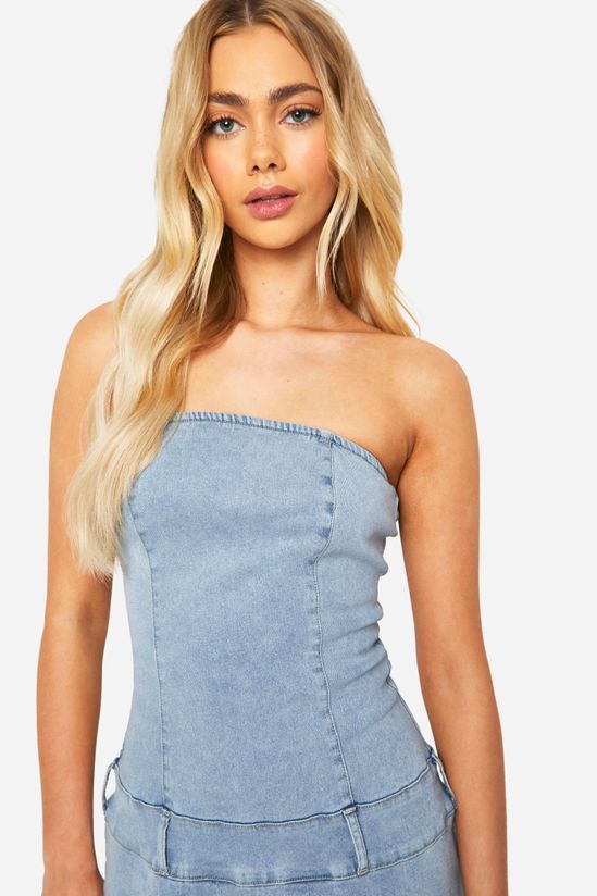 Pocket And Belt Detail Bandeau Denim Mini Dress