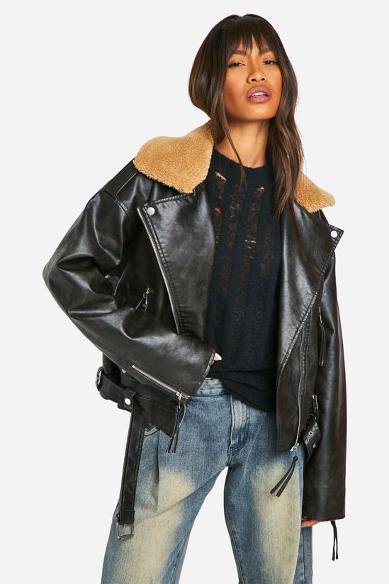 Borg Collar Vintage Look Faux Leather Jacket
