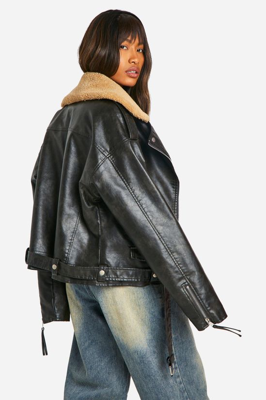 Borg Collar Vintage Look Faux Leather Jacket