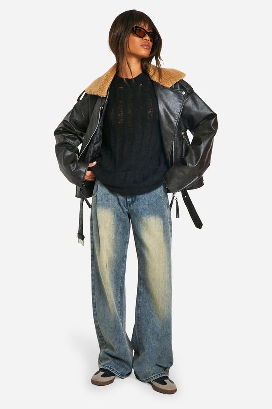 Borg Collar Vintage Look Faux Leather Jacket