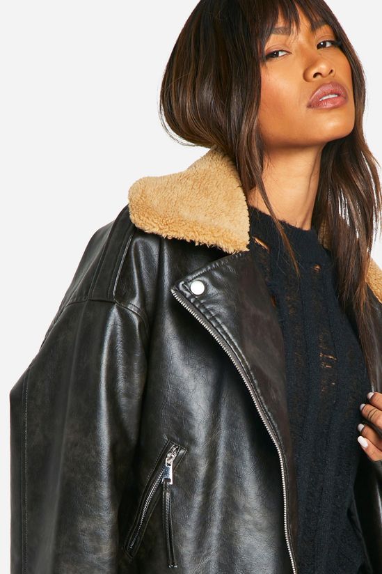 Borg Collar Vintage Look Faux Leather Jacket
