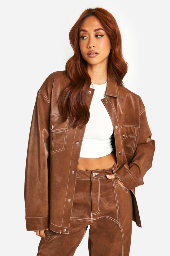 Contrast Trim Vintage Look Faux Leather Jacket
